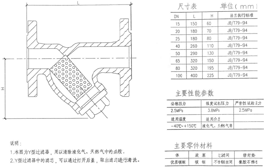 Y型過濾器技術參數(shù)圖