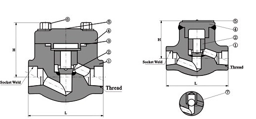 H11H內(nèi)螺紋升降式鍛鋼止回閥結(jié)構(gòu)圖